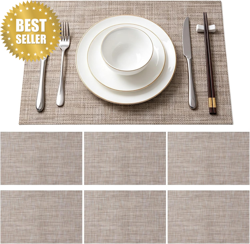 Linen Placemats Set of 6 Washable Place Mats for Dining Table | Polyester Blend