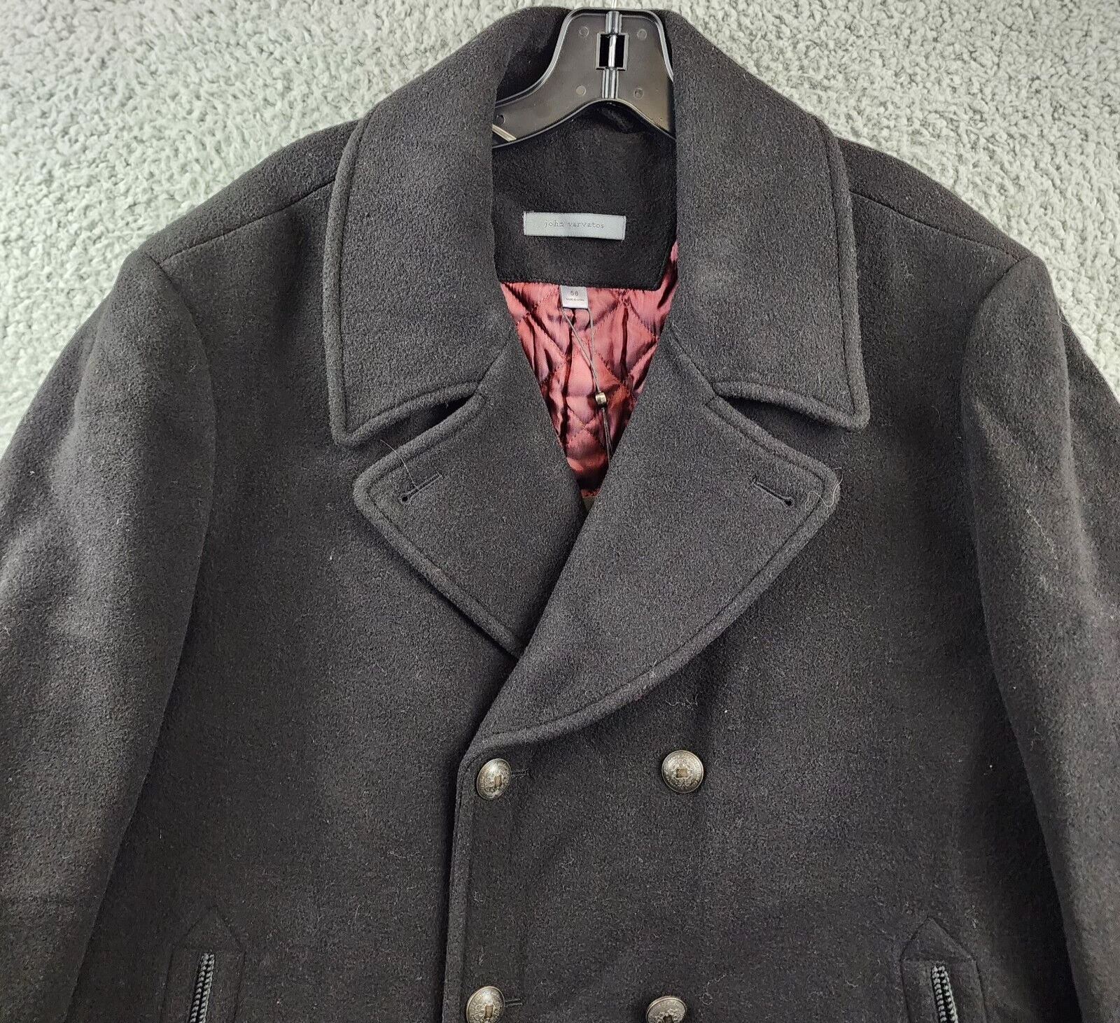 Pre-owned John Varvatos Wool Carlos Vintage I Peacoat Men's 56/xl Black Front Button L/s