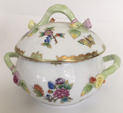 Herend Queen Victoria Rosebud Tureen Handpainted & Signed 8  Handle To Handle