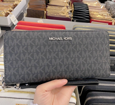 New Michael Kors Jet Set Travel Large Continental Wristlet Wallet Black Silver