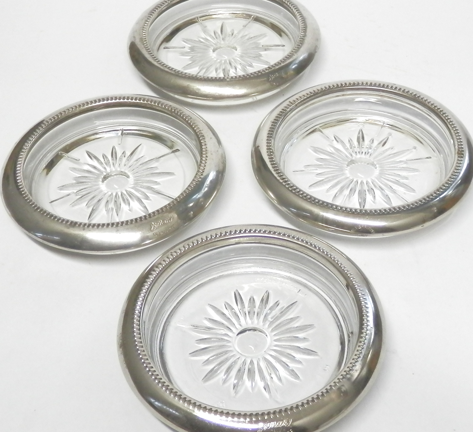 Set of Four Vintage Glass Coasters Silver Plated Collar Trim LEONARD Italy 4