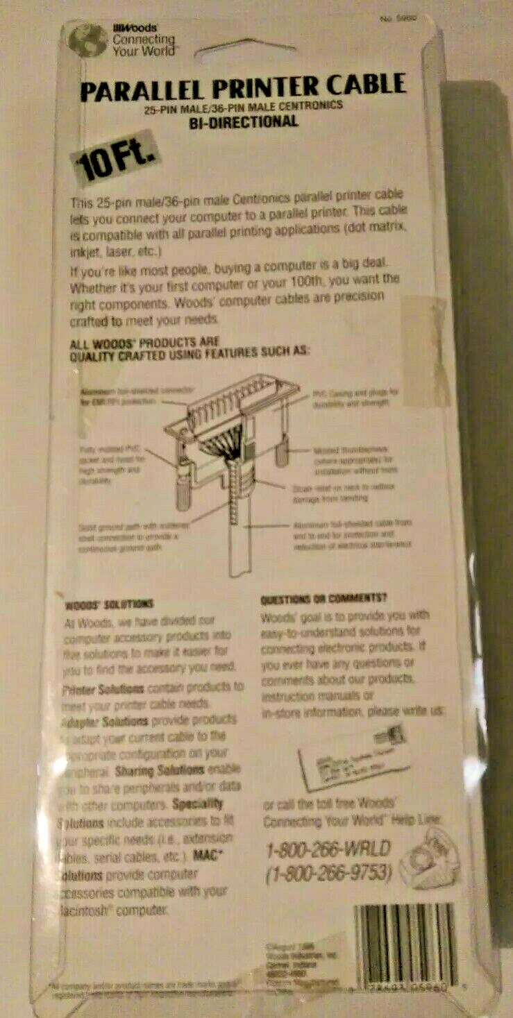 NEW 10 FT PARALLEL PRINTER CABLE 25-PIN Male 36-PIN Male Centronic BiDirectional