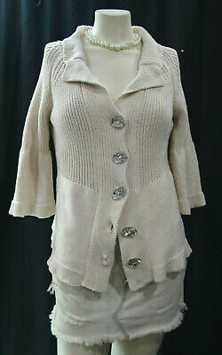 Pure Handknit rhinestone Button shimmer Cardigan Sweater ladies 3/4 sleeve S NEW