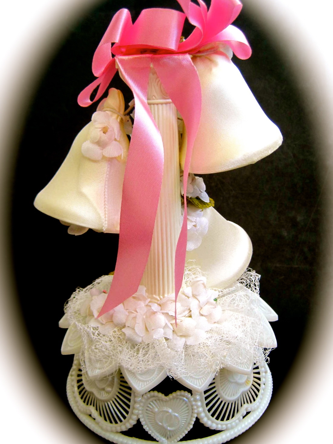 Vintage Wedding Cake Topper White Satin Bells Flowers Pink Ribbon