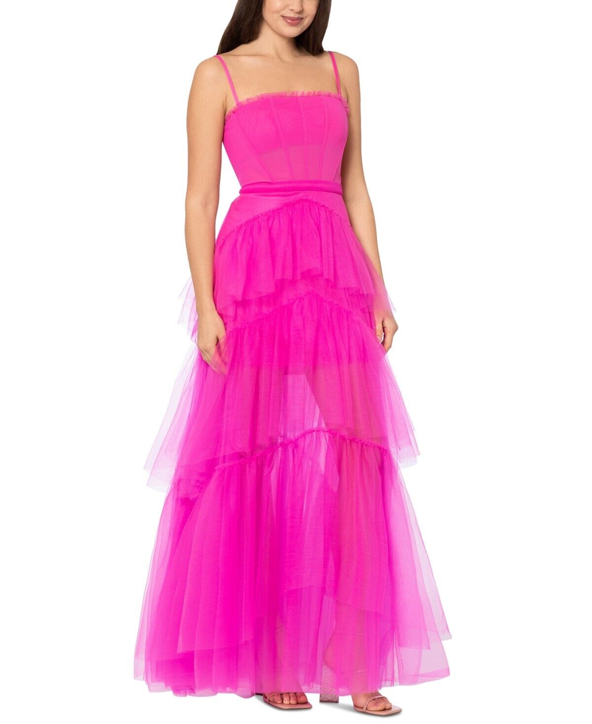Betsy & Adam Mesh Corset Ball Gown Women's 2 Hot Pink Ruffled Back Zip Closure - Picture 1 of 15