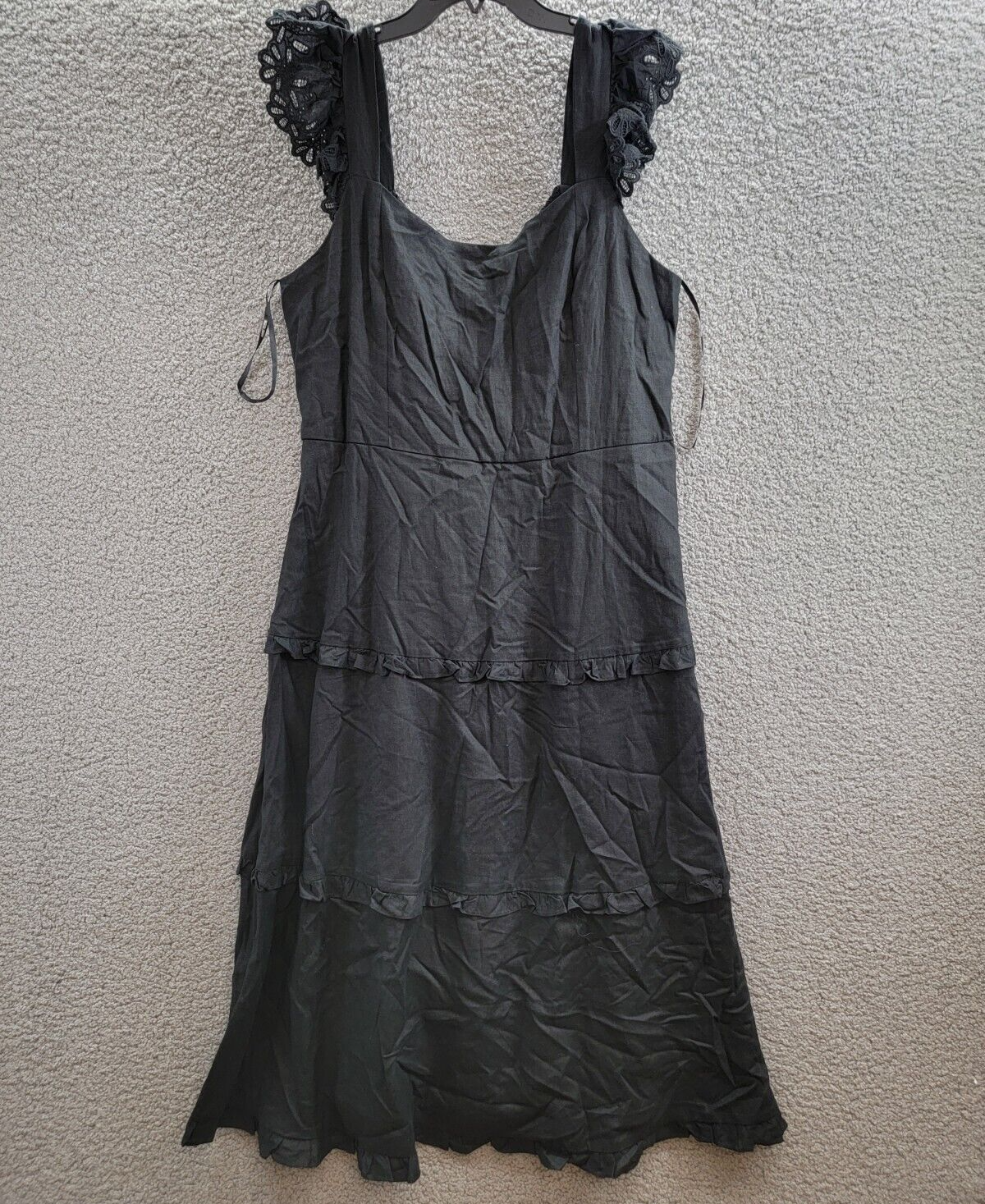 Anne Klein Ruffle-Trimmed Tiered Midi Dress Women's 16 Black Solid Linen Blend - Picture 2 of 16