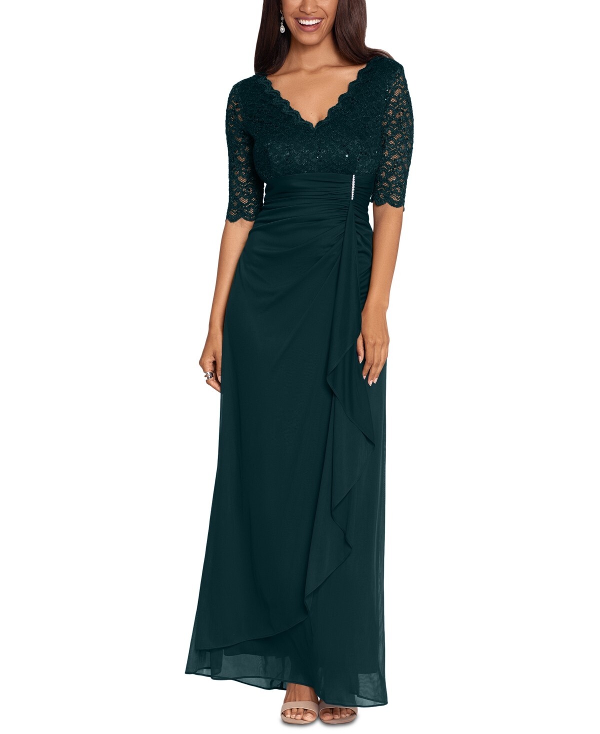 Betsy & Adam Lace-Top Waterfall-Detail Gown Women's 8 Pine Back Zip Closure - Picture 1 of 18