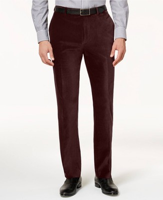 $250 CALVIN KLEIN Mens Slim Fit Trousers Red Velvet FLAT FRONT DRESS PANTS 36W