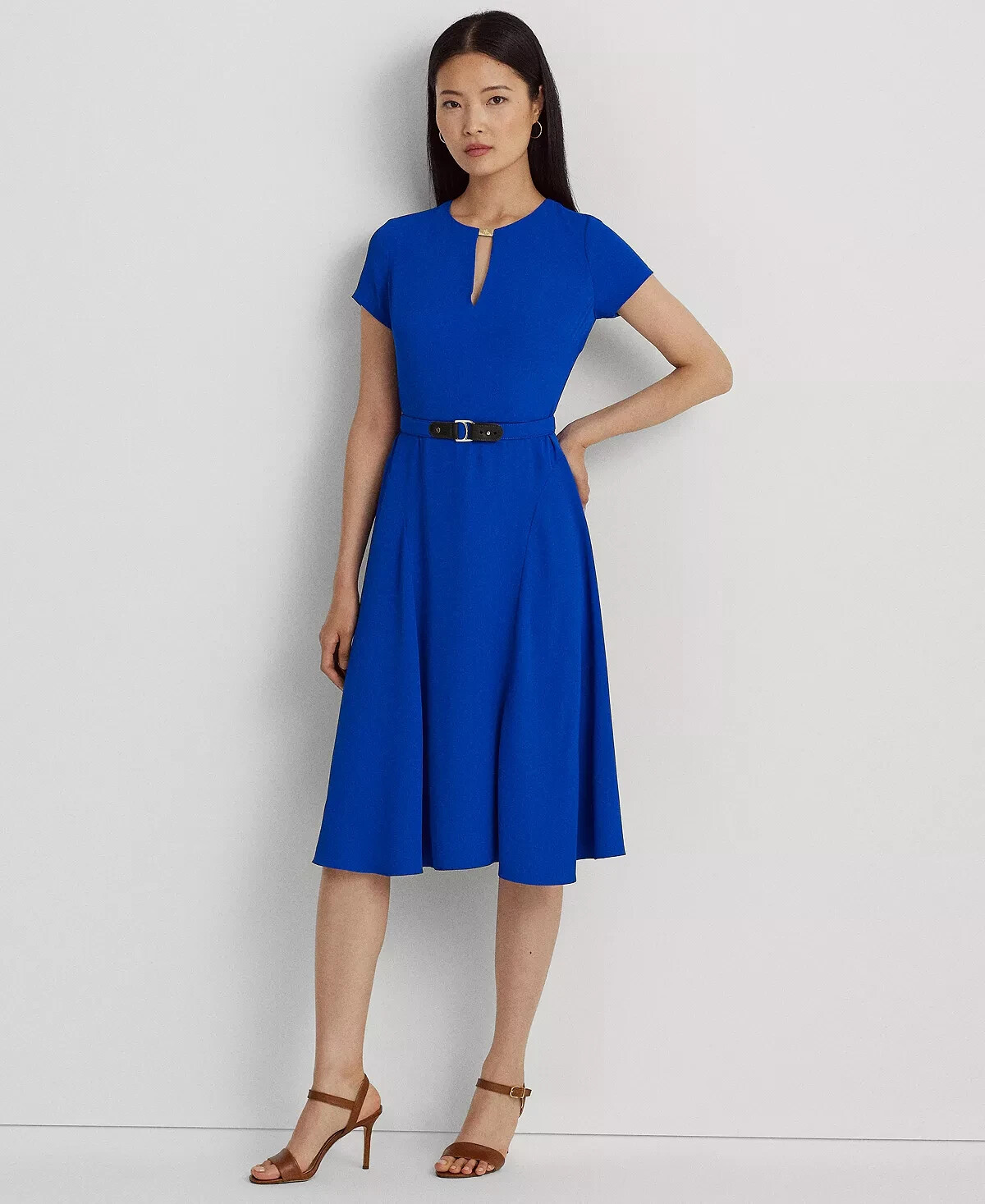 ワンピース LAUREN RALPH LAUREN Woman Dress Blue 253936391 006 Lauren Ralph Lauren Women's Belted Georgette Fit & Flare