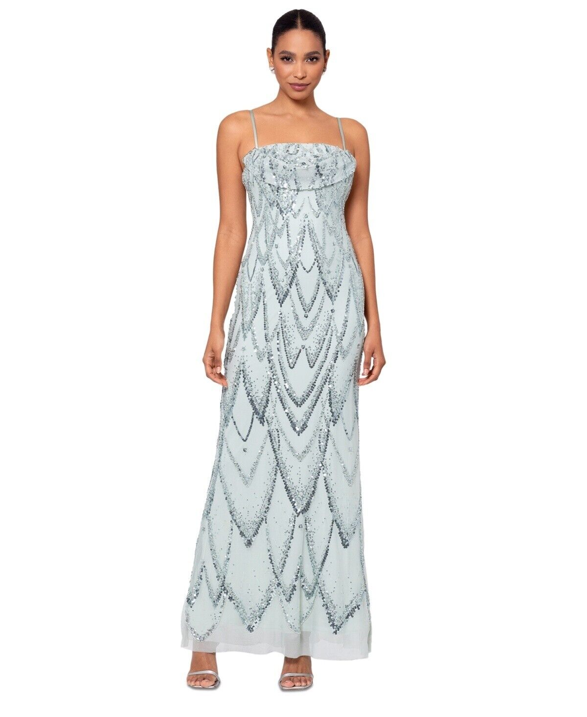 Betsy & Adam Sequin-Embellished Draped-Neck Gown Women's 2 Sage Back Zip Closure - Picture 1 of 14