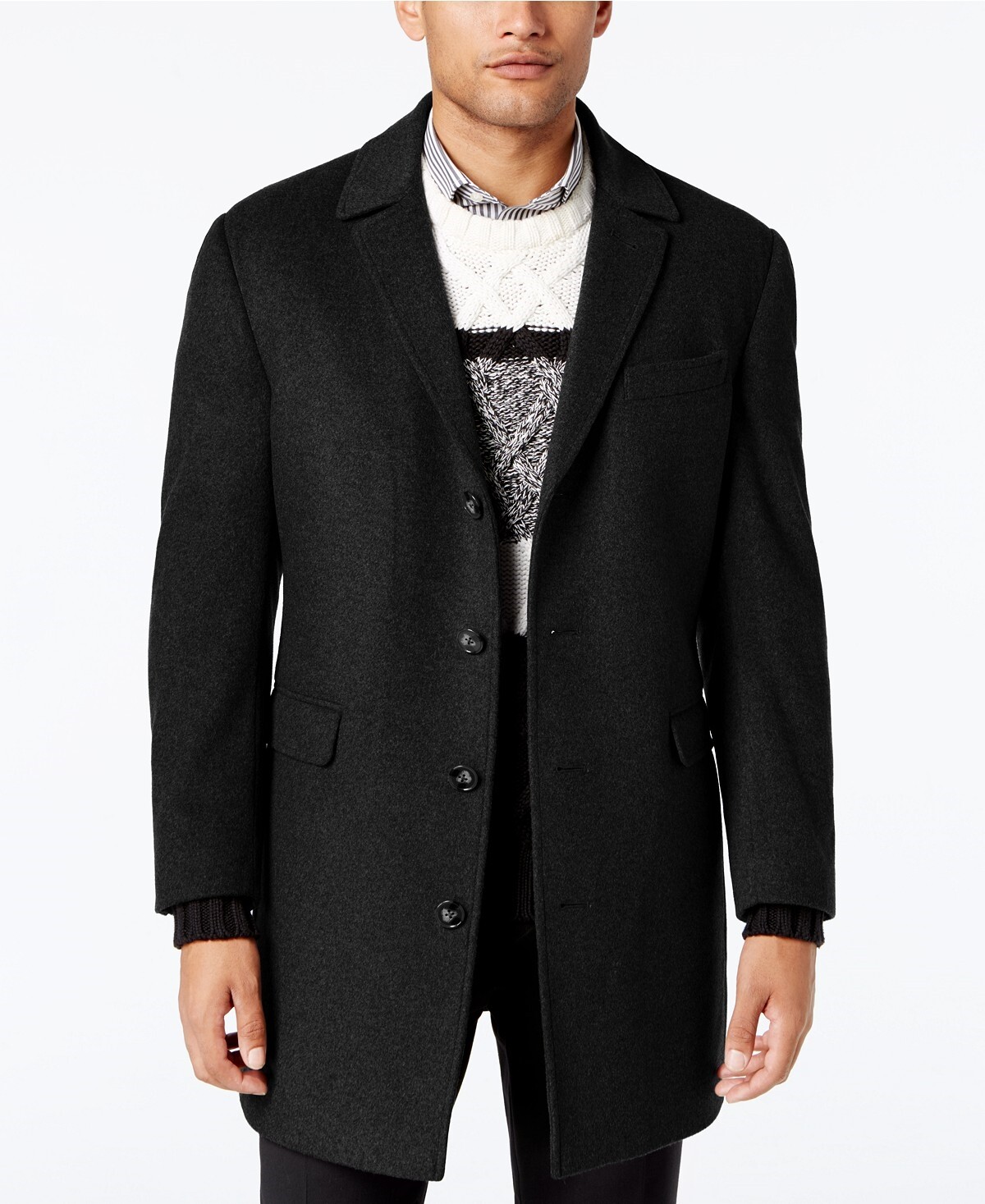CALVIN KLEIN 134909 Men's Black Cashmere-Blend Slim-Fit Overcoat Sz 42R