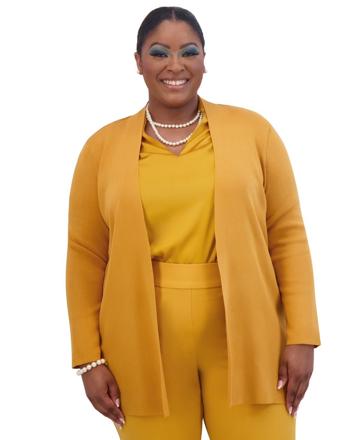 Kasper Open-Front Long-Sleeve Sweater Women's Large Gold Signature Solid - Picture 1 of 17