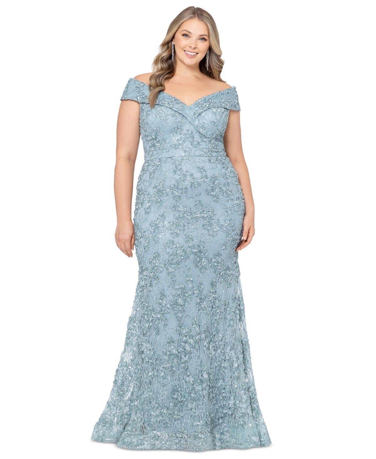 XSCAPE Plus Size Embellished Lace Off-The-Shoulder Gown Women's 22W Sage Zip - Picture 1 of 16