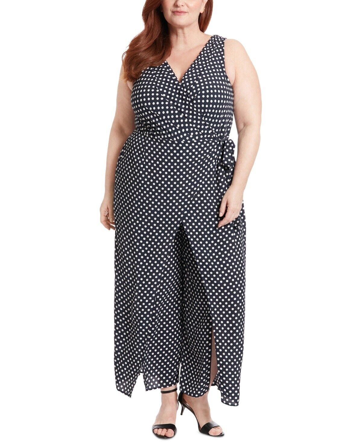 London Times Plus Polka-Dot Crepe Jumpsuit Women's 16W Navy/White Surplice Neck - Picture 1 of 17