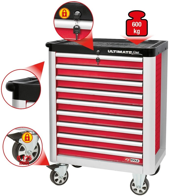 Ks Tools Ultimateline Werkstattwagen,Mit 9 Schubladen,Rot/Silber 886.0009 Wagen