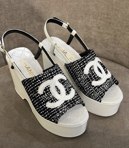 Chanel Tweed Logo Strap Wedge Heel Sandals, Size 36 | eBay