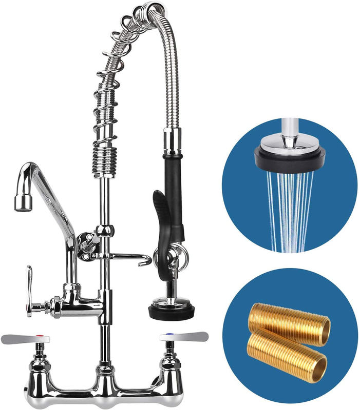 Commercial Sink Faucet with Pre-Rinse Sprayer 8 Inch Center Wall Mount Kitchen F