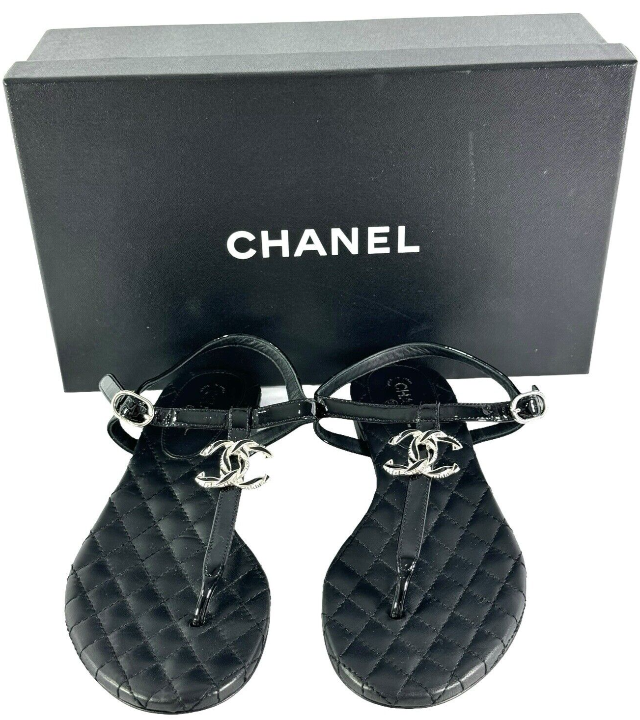 CHANEL Black Leather CC Thong Flat Strappy Sandals Italy
