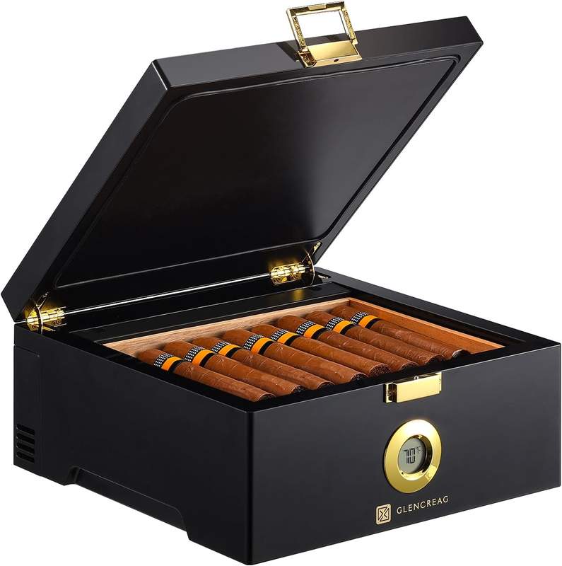 Electric Thermostatic Cigar Humidor Box (64°F–74°F), 360° Airflow Fan, Spanish Cedar Wood & Thermometer, Dual Power (Type-C & Plug), Gifts for Men (20–30 Cigars)