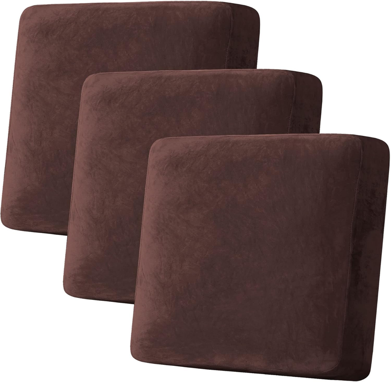 Velvet Stretch Couch Cushion Cover Plush Cushion Slipcover for Chair Loveseat Sofa Cushion Furniture Protector Seat Cushion Sofa Cover (3 Piece XL Sofa Cushion Covers, Brown)