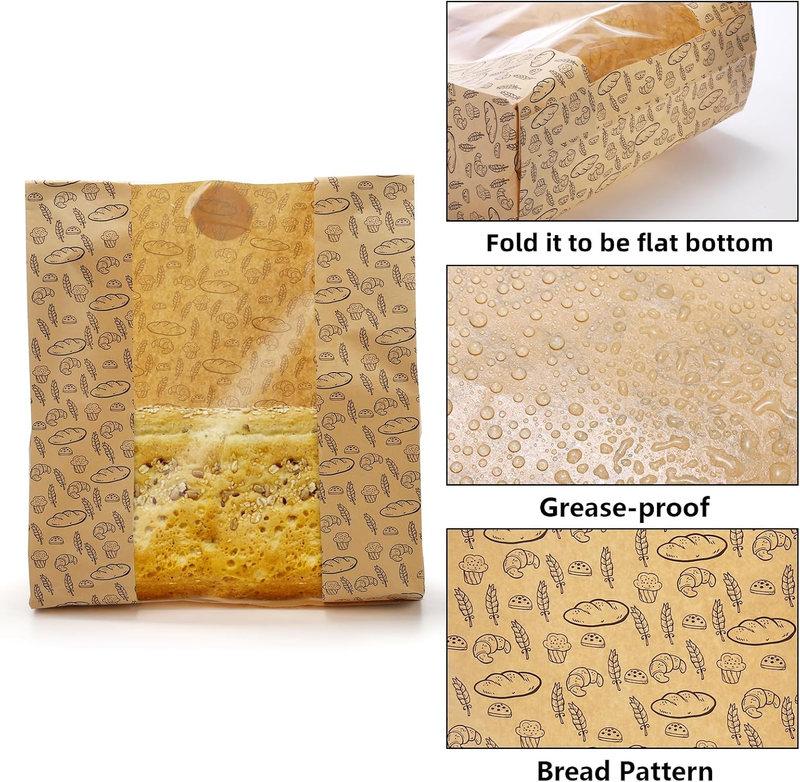 100 Pack Paper Bread Bags with Clear Window, 10.8"x10"x4" Kraft Bakery Bags with