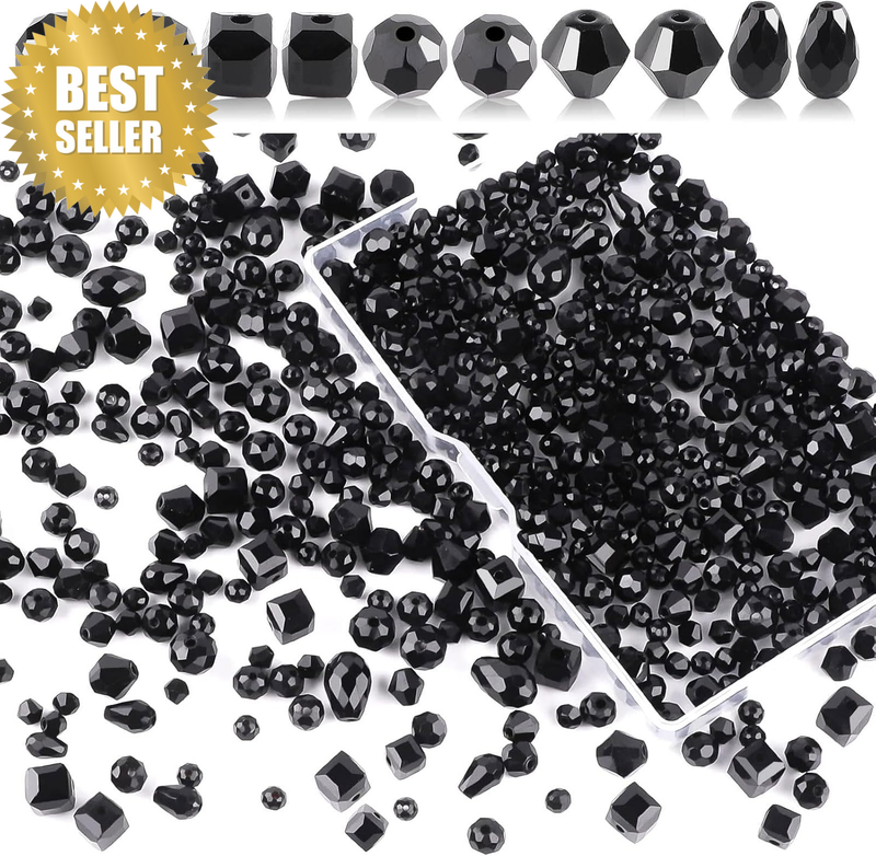 600 Pcs Black Crystal Glass Beads Assortment, DIY Jewelry Making Kit with 5 Styl