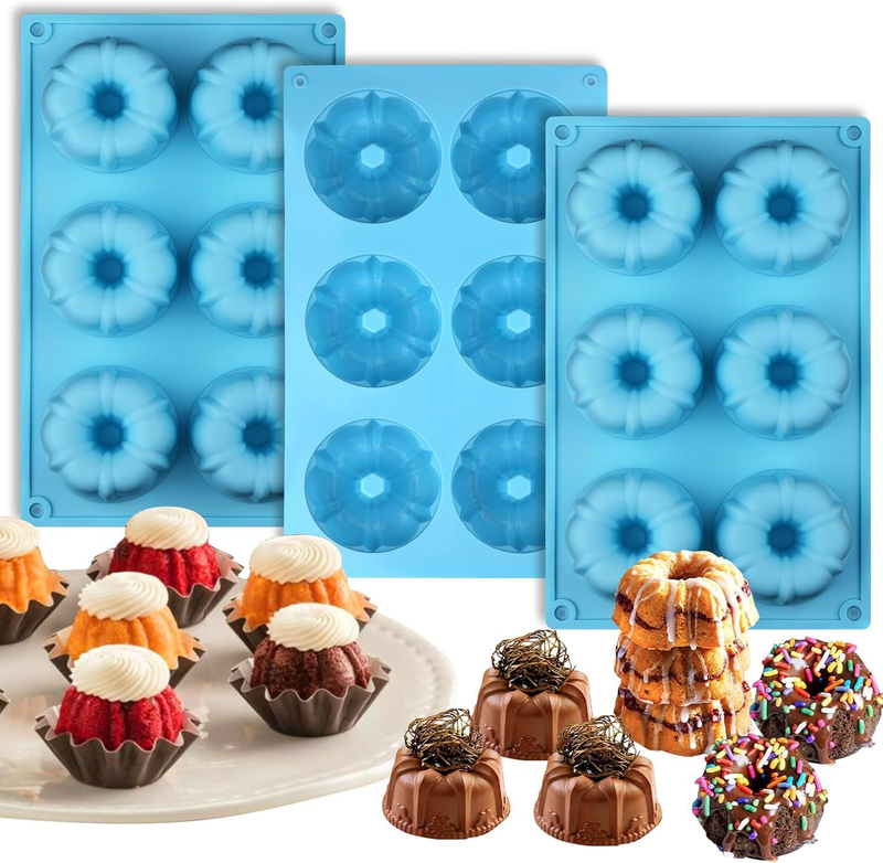 Mini Fluted Tube Pan Silicone 6-Cavity(3Pcs), Multi-Cavity Small Cake Baking Pan