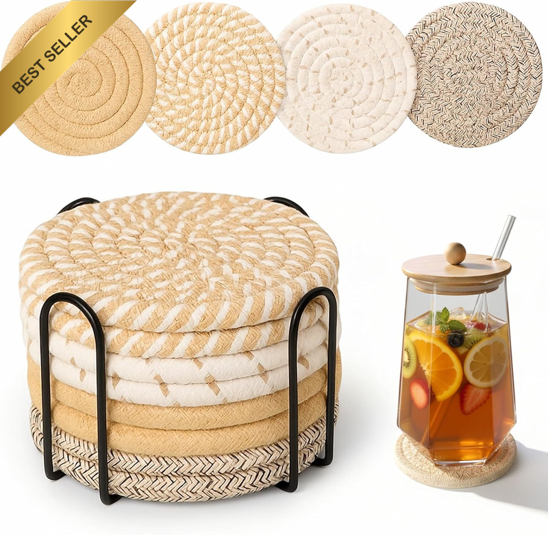 8 Pack Cotton Woven Drink Coasters with Metal Wooden Holder, 4 Colours, 4.3" Abs