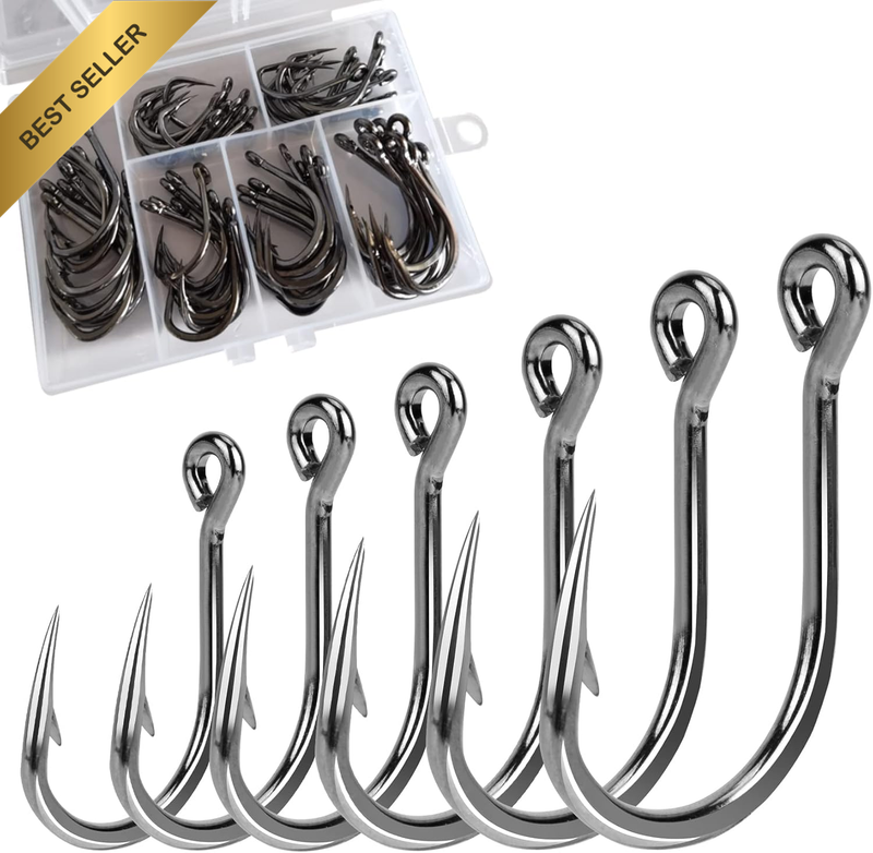 60pcs Circle Fishing Hooks Duplex Stainless Steel Long Shank 6 Sizes 4/0-9/0
