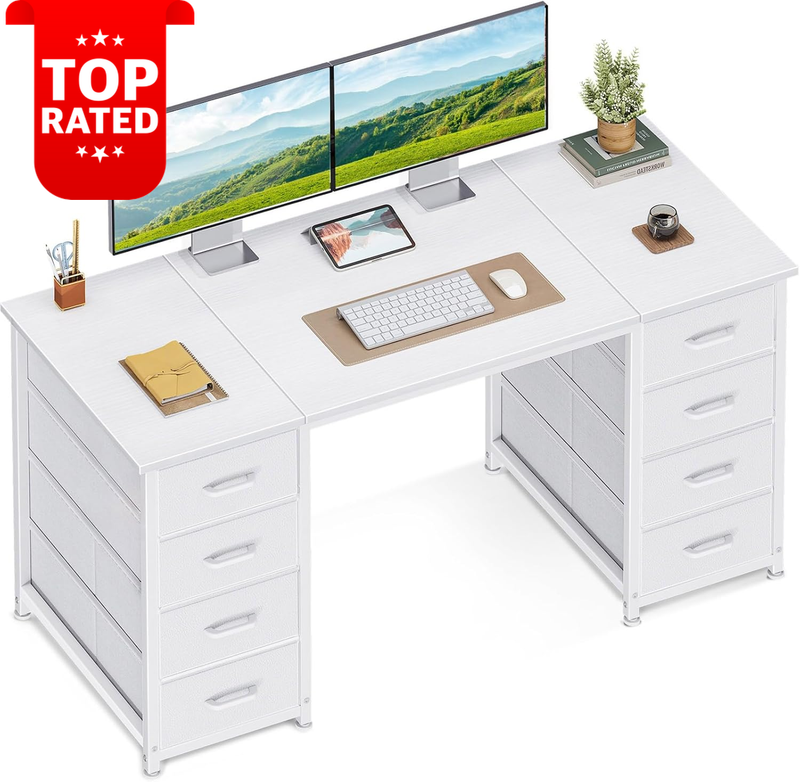 48 Inch Computer Desk with 8 Drawers Home Office PC Table Storage White Compact