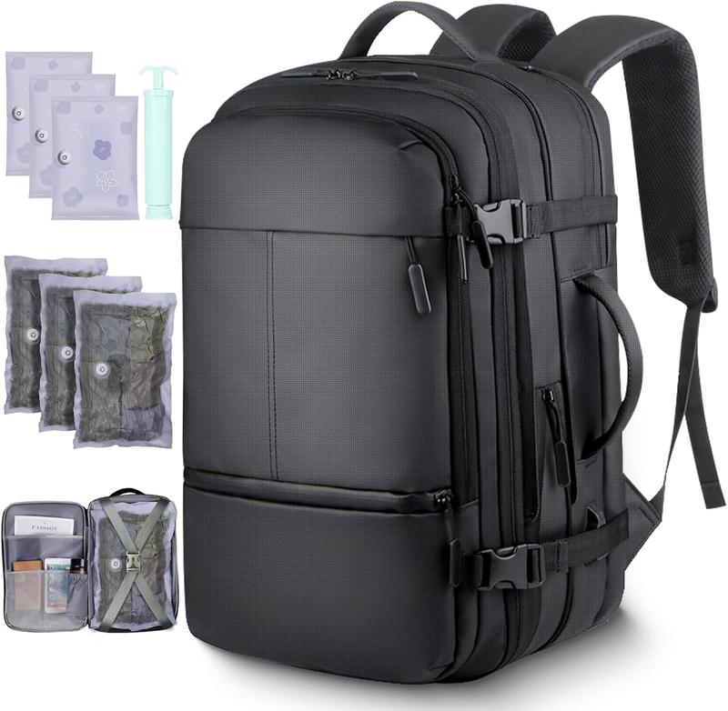 Vacuum Backpack Travel-Expandable Vacpack Backpack with 3 Compression Bags and Manual Pump, Waterproof & Laptop Compartment(Fits 17