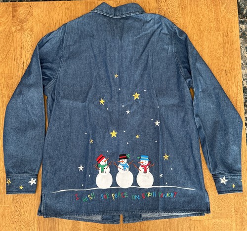 Vintage Quacker Factory Embroidered Jean Jacket Snowman Stars Denim small Zip Up