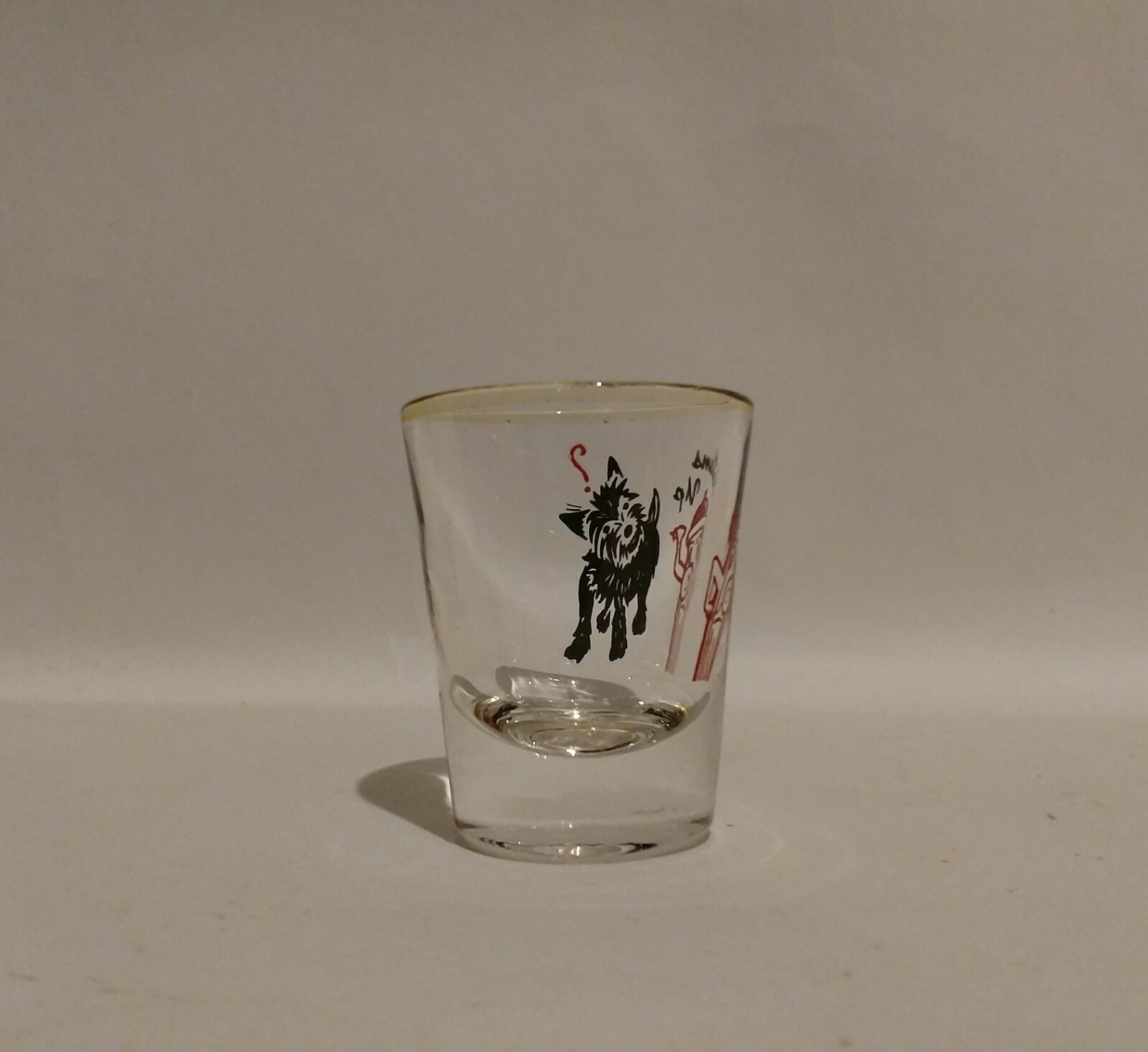 Red Fire Hydrant Black Hairy Dog “BOTTOM UPS” SHOT GLASS Drink
