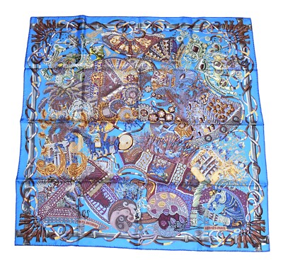 Hermes Scarf Au Fil du Carre 90 cm silk blue Carre jewelry 35''