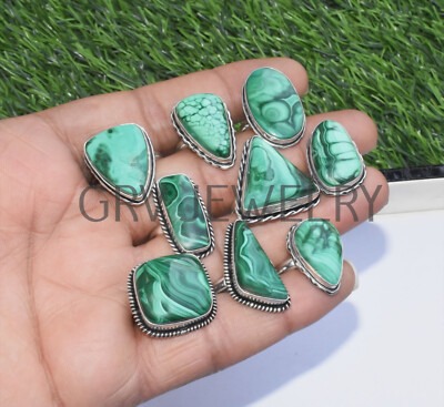 Natural Malachite Gemstone 10pcs Ring Wholesale Lot 925 Silver Overlay WHR-32
