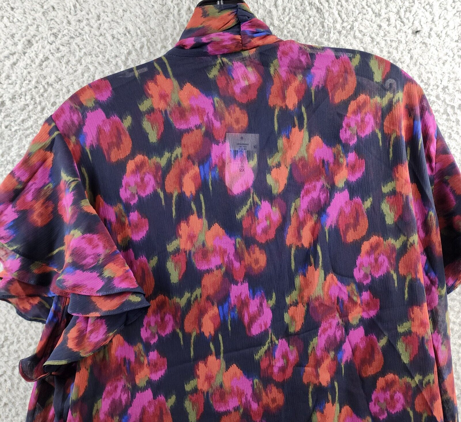 Ralph Lauren Flutter Sleeve Tie Neck Blouse Women's 2X Blue Multi Button Front~ - Picture 12 of 13