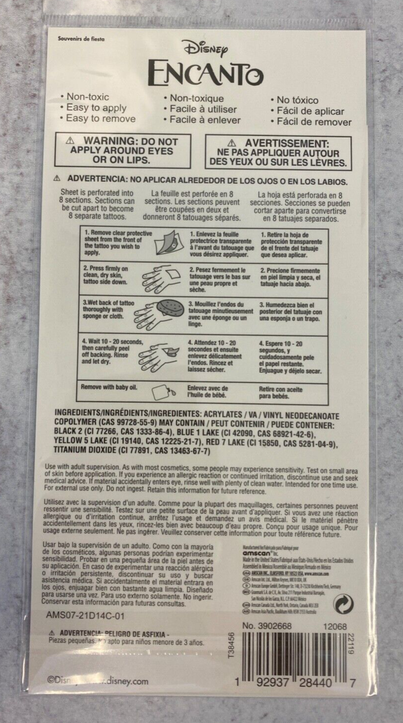 1 pack Disney Encanto Tattoos 8 CT 2" EACH Mirabel Louisa Isabella