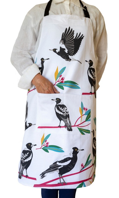 Magpie Bird Cotton Apron Australian Design Adjustable Neck Strap &
