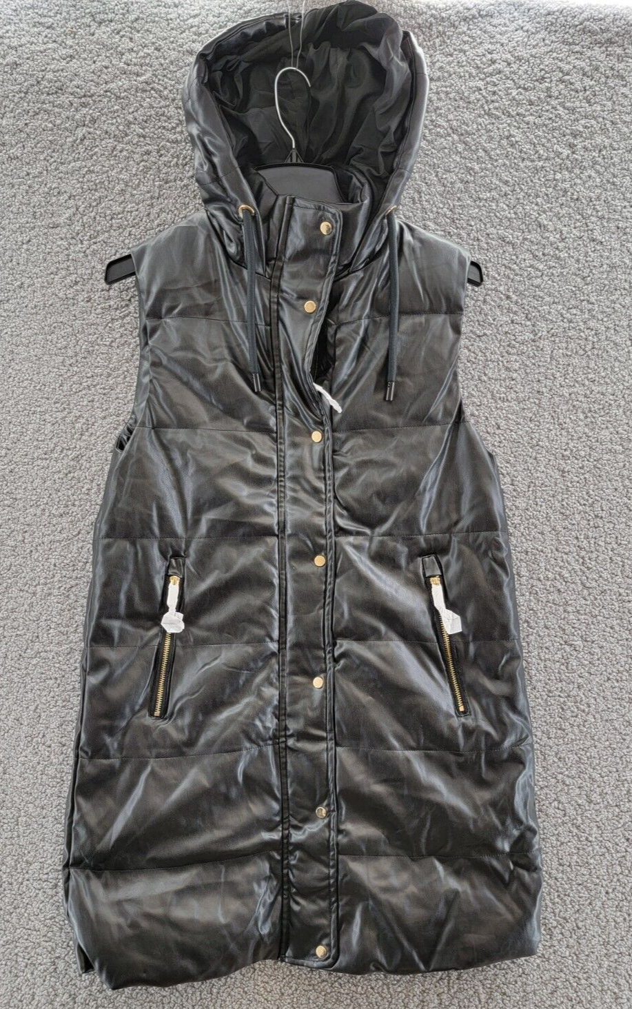 Love Token Long Puffer Vest Women's XS Black Solid Hooded Snap Zip Closure - Picture 1 of 12