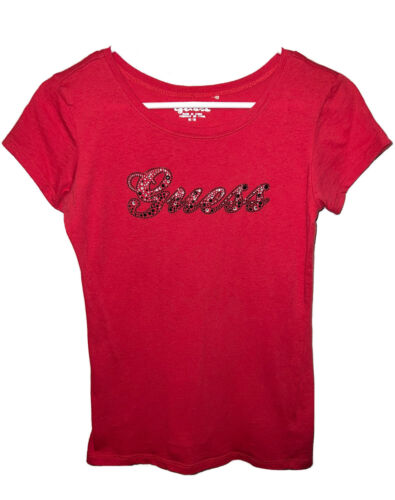 Y2K Red GUESS Rhinestone Logo Tee Embellished Shirt Womens Y2K Red GUESS Rhinestone Logo Tee Embellished Shirt Womens