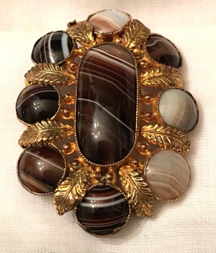 Antique Victorian Scottish Banded Agate Gold Gilt Brooch Pin 19th Century 1800s