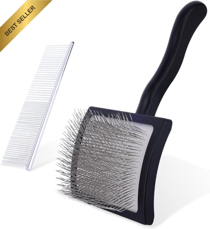 Slicker Brush with Comb for Dogs, Self-Cleaning Dog Grooming Brush with Long Pin