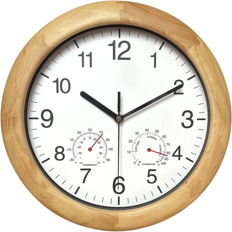 Wooden Wall Clock with Temperature and Humidity, 12 Inch Brown, Large