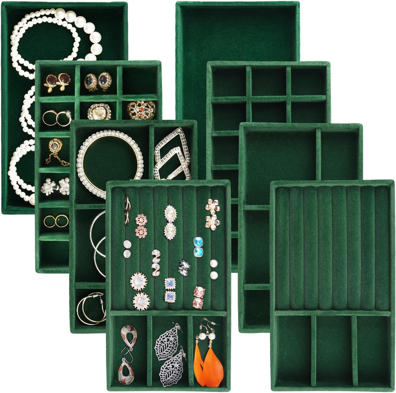 8 Pack Velvet Jewelry Drawer Organizer Trays Stackable Green R...