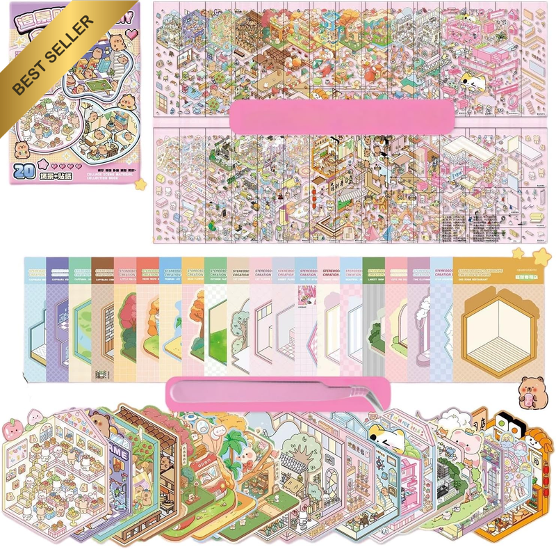 20 Sets 3D Stickers Therapy for Adult Material Book,Diy 3D Sticker Scene,Make Yo