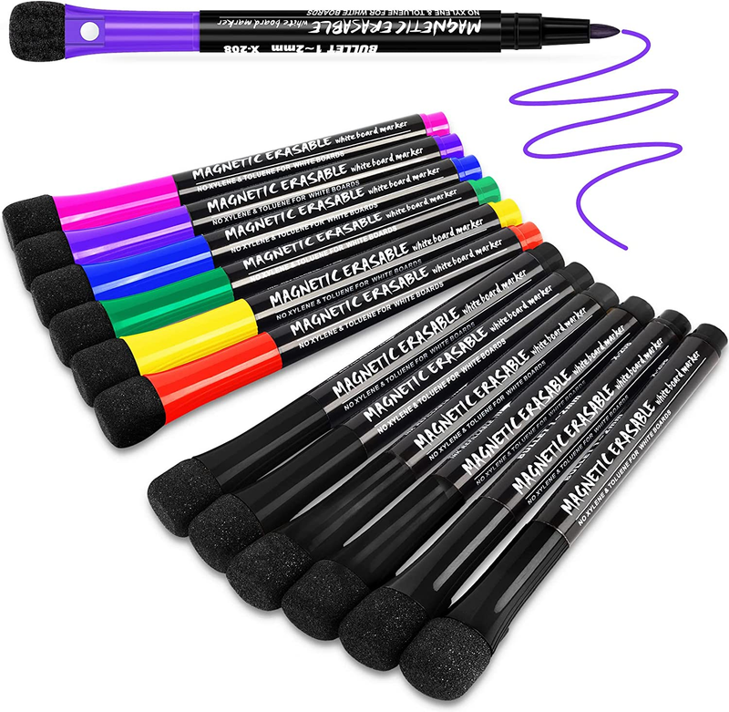Magnetic Dry Erase Markers Fine Point Tip, 12 Colors White Board Marker with Era