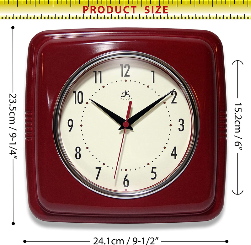 Square Silent Retro Red Wall Mount Clock for Kitchen Dining Living Kids Bedroom
