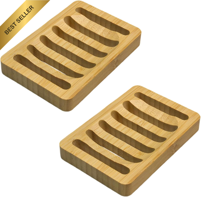 2 Pack Wooden Soap Dish – Natural Bamboo Self-Draining Soap Holder, Non-Slip Bar