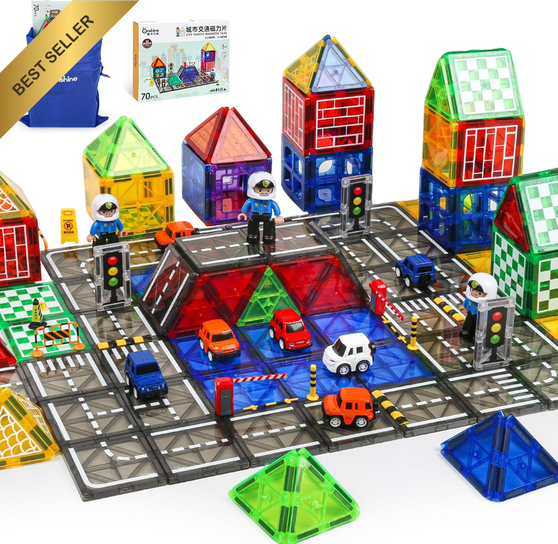 70Pcs Magnetic Tiles Road Set With Car STEM Building Blocks Kids Gift