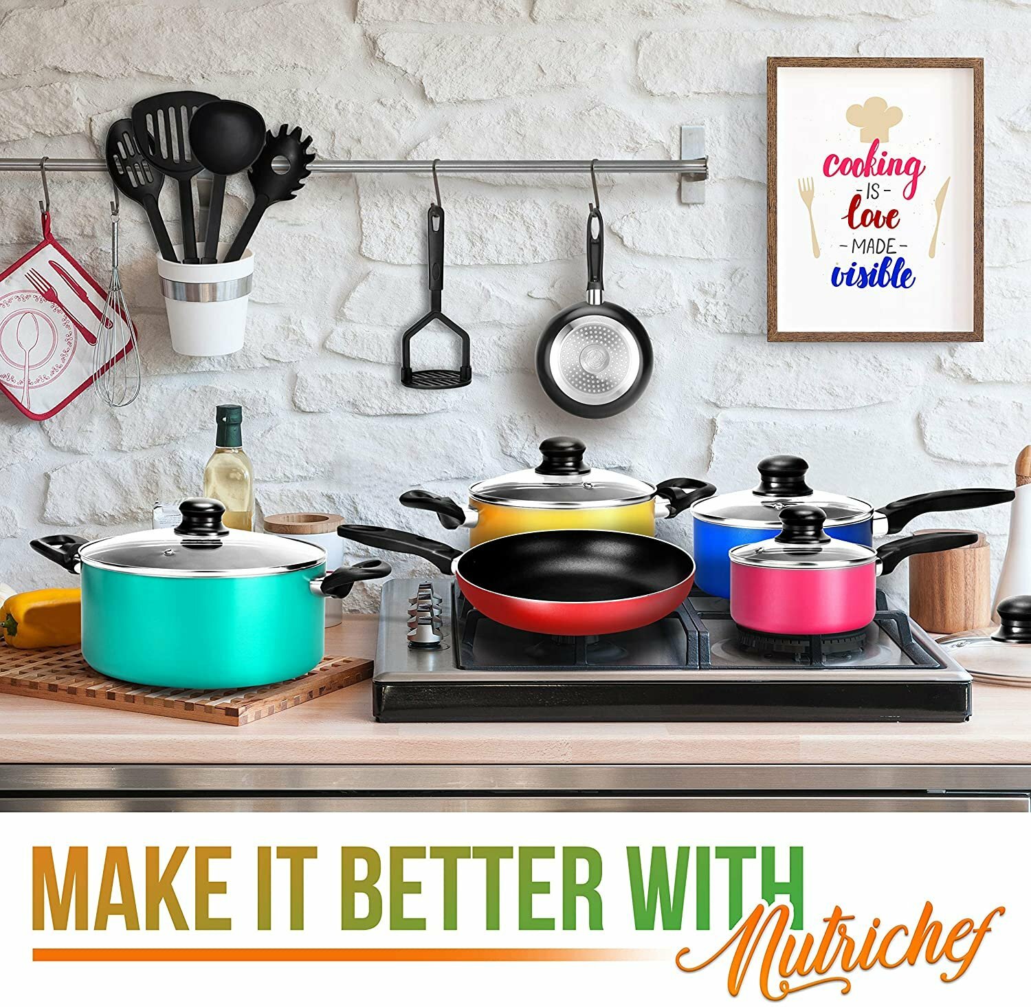 15 Piece Pots & Pans Set - Colorful Kitchen Cookware, Black